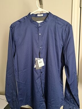 CALVIN KLEIN body fit band collar shirt blue 100% cotton fitted tailored cut M